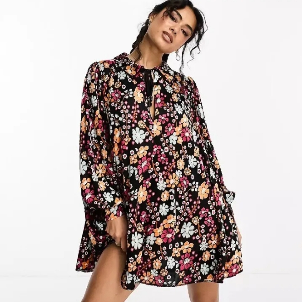 Free People Dress Daisy Jane Long Sleeve Mini Dress Black Floral Extra Small NWT
